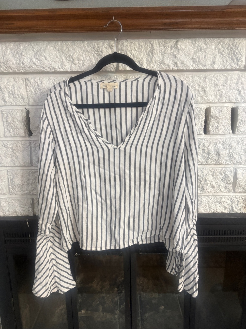 Cloth and Stone White Top with Navy Vertical Stripes and Bell Sleeves